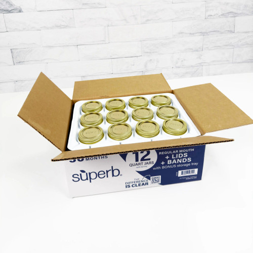 Superb | Regular Mouth Quart Canning Jars, Bands & Lids | 12 Pack