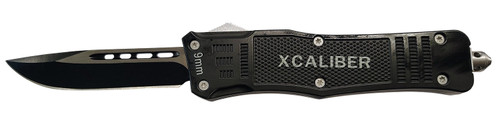 Xcaliber Knife Company  9mm  Large 3.80" OTF Drop Point Black 440C SS Blade, 5.30" Steel Handle