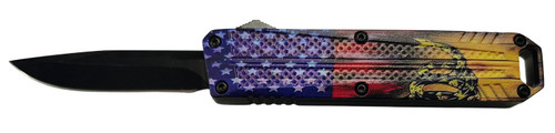 Xcaliber Knife Company  Don't Tread on Me  Small 2.75" OTF Drop Point Plain Black 440C SS Blade, 4.15" US Flag Aluminum Handle