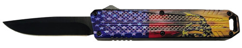 Xcaliber Knife Company  Don't Tread on Me  Medium 3.20" OTF Drop Point Plain Black 440C SS Blade, 4.80" US Flag Aluminum Handle