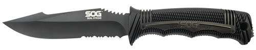 SOG KNIVES (GSM OUTDOORS) S.O.G SOGSS1003CP Seal Strike 4.90" Fixed Clip Point Part Serrated AUS-8A SS Blade Black Textured GRN/SS Handle Includes Belt Clip/Sheath