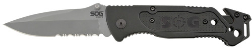 SOG KNIVES (GSM OUTDOORS) S.O.G SOG-FF24-CP Escape  3.40" Folding Clip Point Part Serrated Bead Blasted 9Cr18MoV SS Blade Black Anodized Aluminum Handle Includes Belt Clip