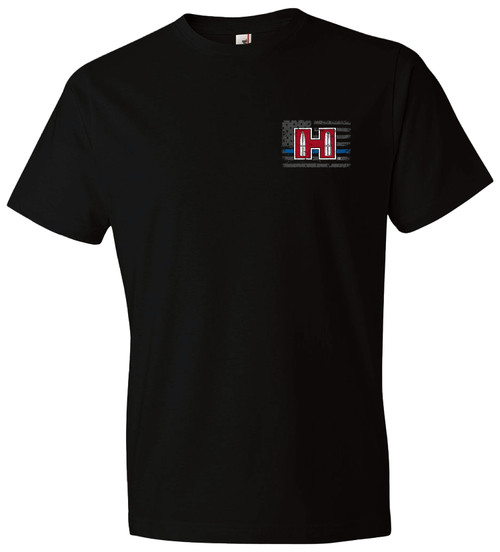 HORIZON DESIGN Hornady Gear 30761 POW Blue Line  Black, Cotton Short Sleeve, Semi-Fitted Small