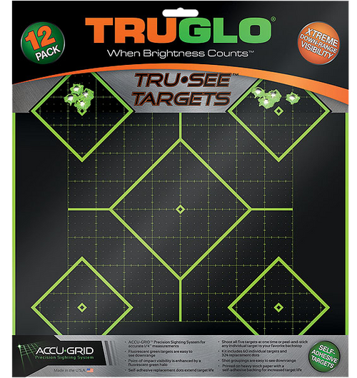 TRUGLO INC (GSM) TruGlo TG14A12 Tru-See 5- Diamond Target Self-Adhesive Heavy Paper Black/Green 12"x12" 12 Pack