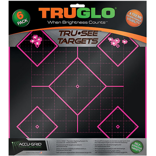 TRUGLO INC (GSM) TruGlo TG14P6 Tru-See 5- Diamond Target Self-Adhesive Heavy Paper Black/Pink 12"x12" 6 Pack