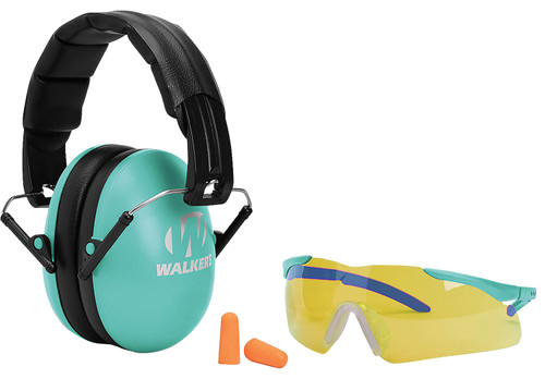 GSM OUTDOORS Walker's GWPYWFM2GFPLTL Folding Muff Combo 23 dB Over the Head Folding Muff, Foam Ear Plugs, Shooting Glasses Black/Teal Polymer Fits Youth/Women