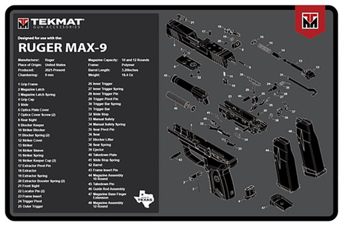 TEKMAT (GSM) TekMat TEKR17RUGERMAX9 Ruger Max 9 Cleaning Mat Black/White Rubber 11"x17" Ruger Max 9 Parts Diagram