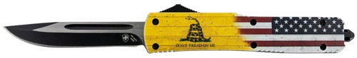 Templar Knife MDTOM331 Gen II Don't Tread On Me Slim 3.50" OTF Drop Point Plain Black Oxide Stonewashed 440C SS Blade, 5.05" Yellow w/Flag & "Don't Tread On Me" Aluminum Handle, Glass Breaker