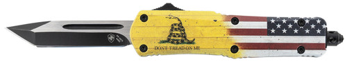 Templar Knife S-DTOM-23-1 Gen II Don't Tread On Me Small 2.69" OTF Plain Black Oxide 440C SS Blade, 4.25" Yellow w/Flag & "Don't Tread On Me" Aluminum Handle, Glass Breaker