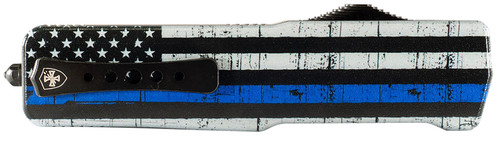 Templar Knife SABTB32 Premium LW We Back You Small 3" OTF Drop Point Plain Black Oxide Stonewashed D2 Steel Blade, 4.50" Black & White w/Blue Line Aluminum Handle
