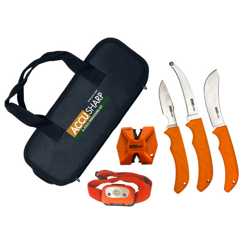 ACCUSHARP/FORTUNEPRODINC AccuSharp 738C Processing Kit  Fixed Butcher/Caping/Gutting Plain Stainless Steel Blades/Blaze Orange Non-Slip Grip 6 Piece Includes Nylon Case