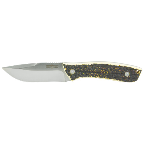 GSM OUTDOORS Camillus 19246 Western Crosstrail 4.25" Fixed Drop Point Plain Silver 420 Steel Titanium Bonded Blade, Stag/Antler Delrin Handle, Includes Belt Loop/Sheath