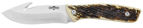 GSM OUTDOORS Camillus 19247 Western Crosstrail 4.25" Fixed Gut Hook Plain Silver 420 Steel Titanium Bonded Blade, Stag/Antler Delrin Handle, Includes Belt Loop/Sheath