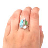Green Sea Glass Larimar and Pearl Mosaic Split Band Ring - Size 9 on model for color reference.
