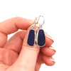 Cobalt Midnight Elongated Sea Glass Bezel Earrings on model for color reference. 