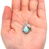 Green Sea Glass Larimar and Pearl Wisp Pendant on model for color reference.