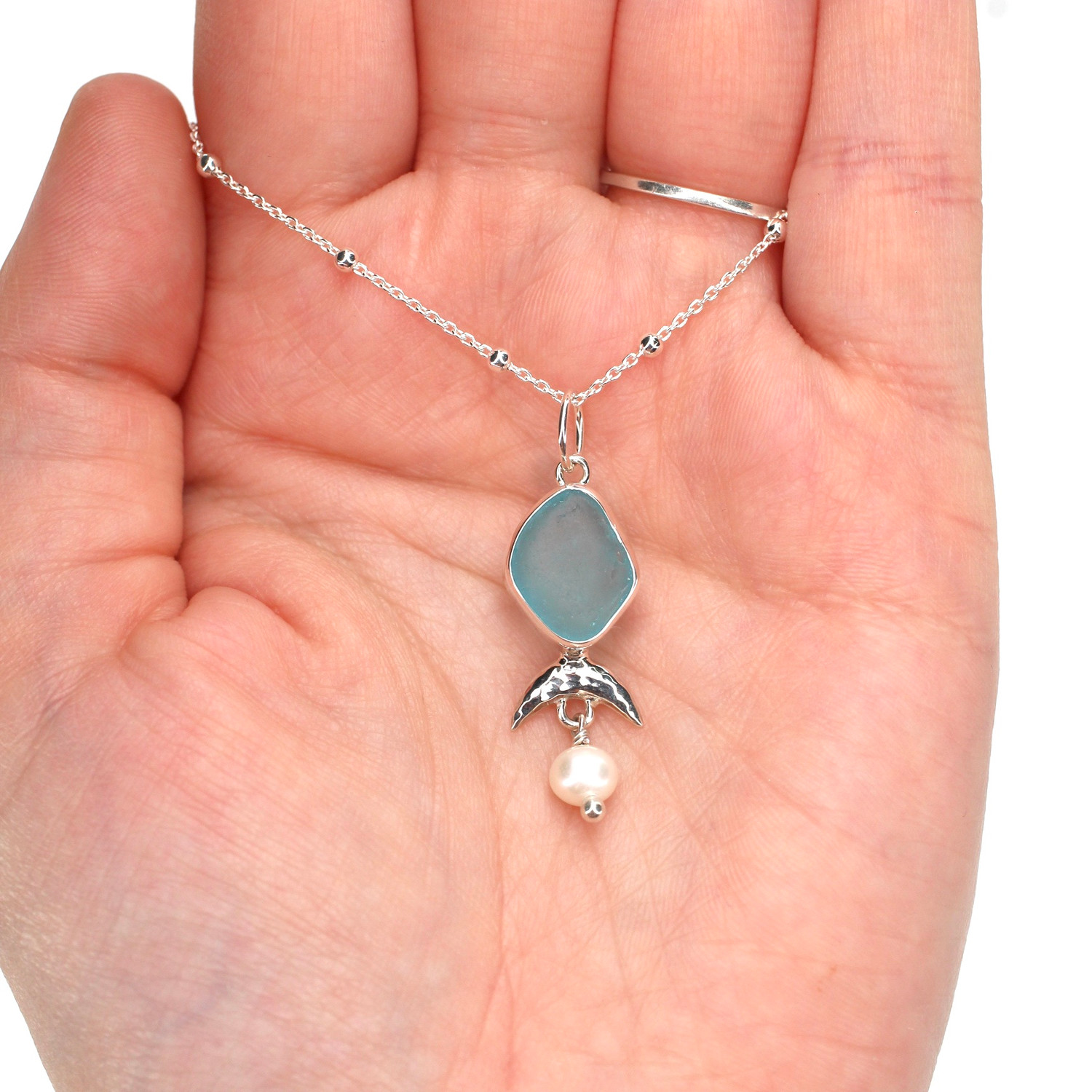 Aqua Turquoise Sea Glass Arch and Pearl Necklace