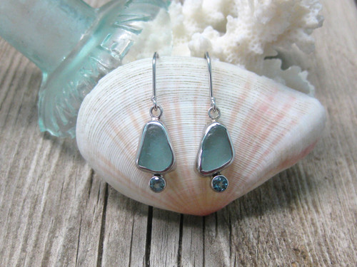 Insta Sale 14k White Gold Aqua Sea Glass And Blue Topaz Earrings Mm