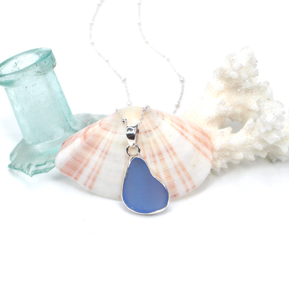 Cornflower Pear Sea Glass Single Bezel Necklace
