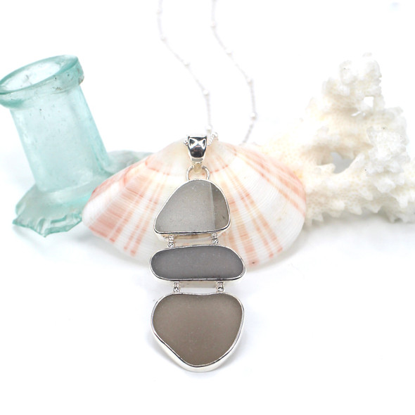 Gray Sea Glass Three Tier Necklace