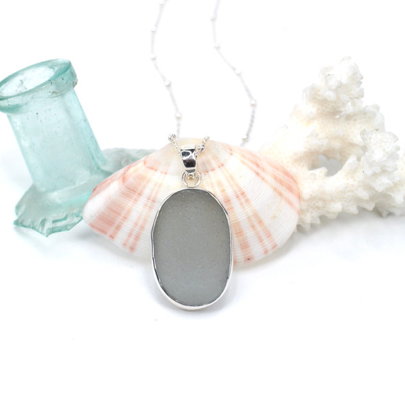 Gray Oval Sea Glass Single Bezel Necklace