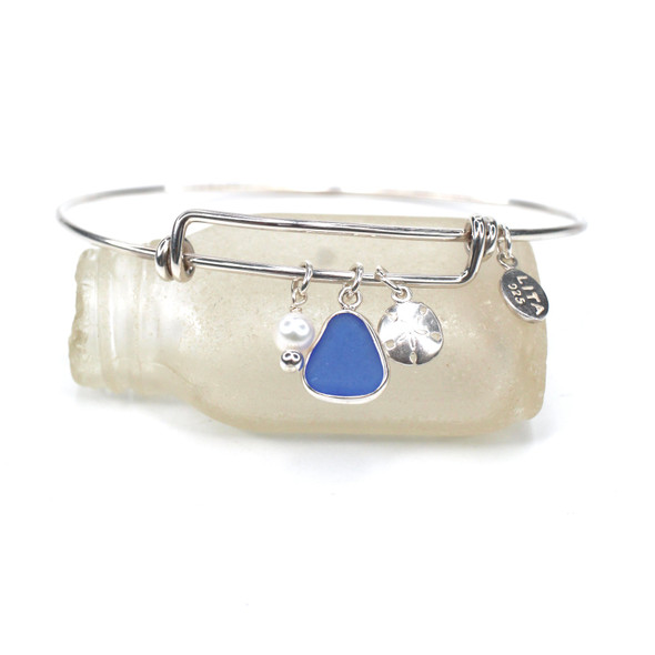 Cobalt Sea Glass Sand Dollar and Pearl Sea Glass Adjustable Bangle Bracelet