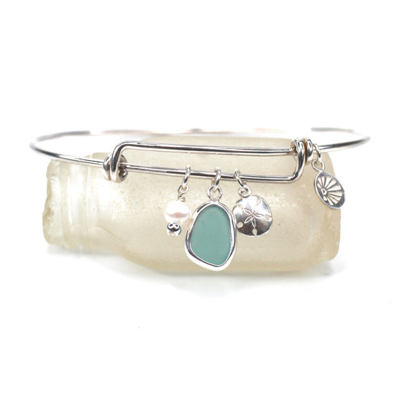 Aqua Sea Glass Sand dollar and Pearl Sea Glass Adjustable Bangle Bracelet