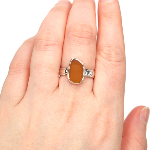 Amber Sea Glass Horseshoe ring - Size 9 on model for color reference.