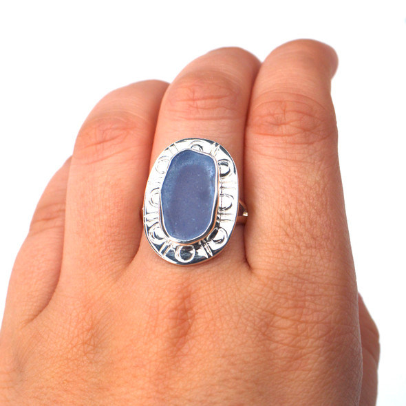 Cornflower Sea Glass Enchanted Cove Ring - Size 9 on model for color reference
