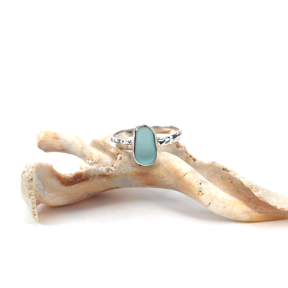 Aqua Sea Glass Stack Ring - Size 10
