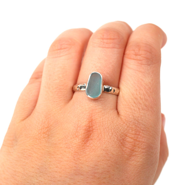 Aqua Sea Glass Stack Ring - Size 10 on model for color reference.