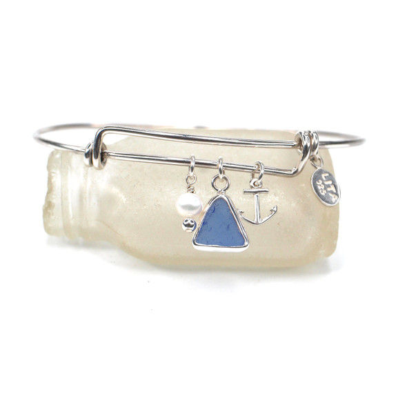 Cornflower Triangle Sea Glass Adjustable Anchor Charm Bangle Bracelet
