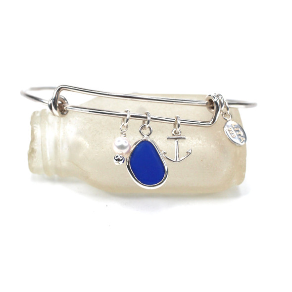 Cobalt Sea Glass Adjustable Anchor Charm Bangle Bracelet