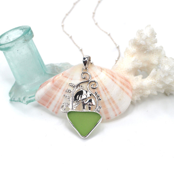 Green Triangle Sea Glass Mushroom Necklace