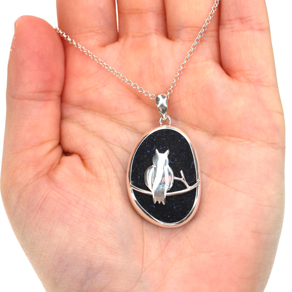 Cobalt Midnight Sea Glass Single Bezel Owl Necklace on model for color reference.