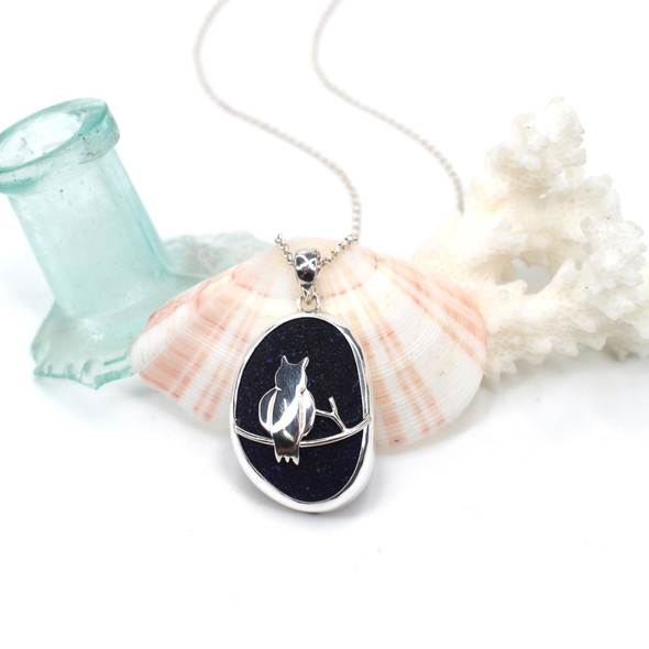 Cobalt Midnight Sea Glass Single Bezel Owl Necklace