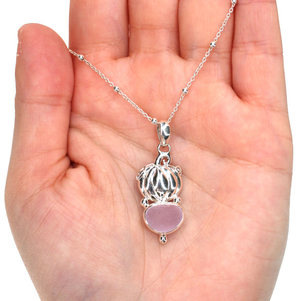 Lavender Mist Sea Glass Double Pumpkin Necklace on model for color reference.