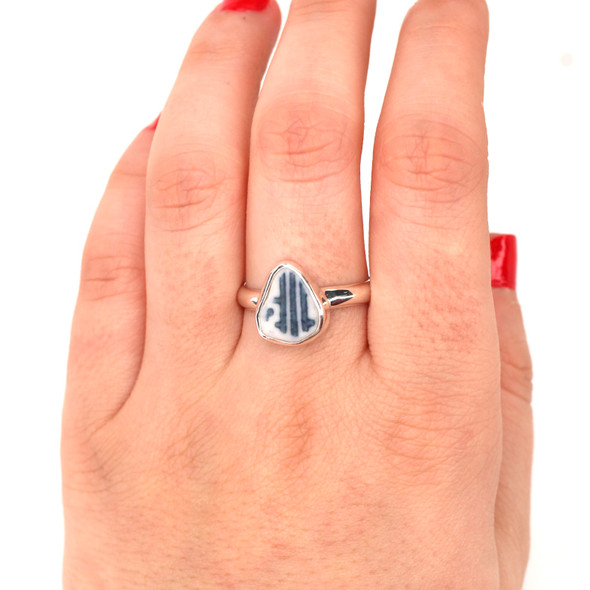 Blue and White Maze Sea Pottery Sleek Ring - Size 9 on model for color reference. 