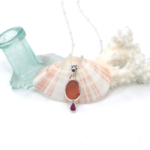 Pink Sea Glass and Ruby Double Necklace