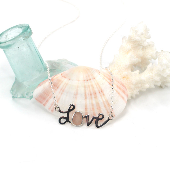 Pink Sea Glass Love Necklace 16"-18" Length
