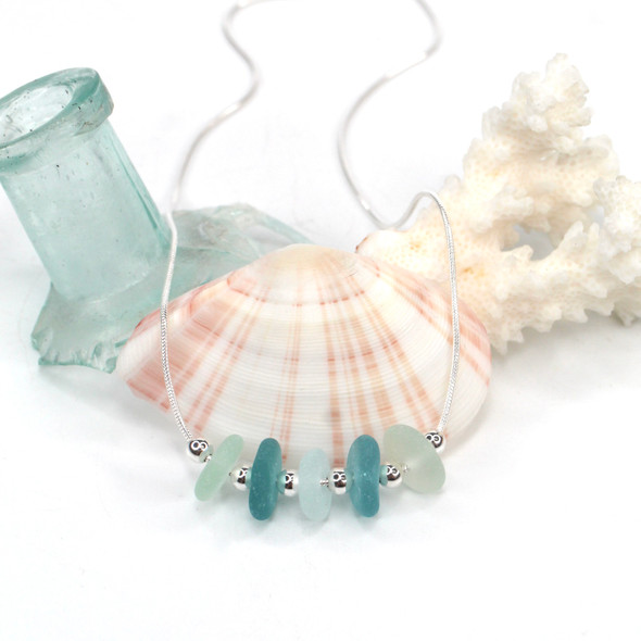 Sky Sea Glass 5 Stone Necklace - 16" - 18" Length