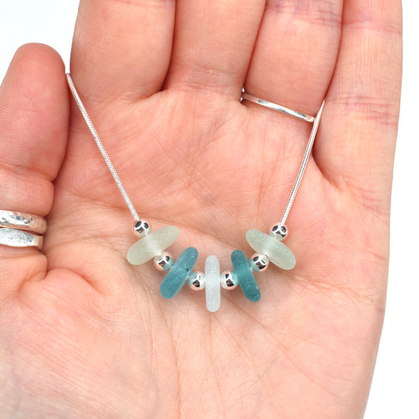 Sky Sea Glass 5 Stone Necklace - 16" - 18" Length