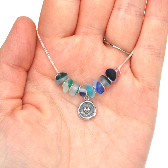 Blue Winter Breeze 8 Stone Ultra Rare Sea Glass Heart Circle Necklace -  16"-18" Length on model for color reference. 