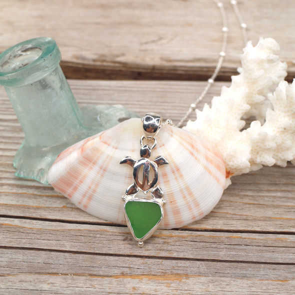Insta Sale Green Sea Glass Tiny Turtle Drop Necklace - MM