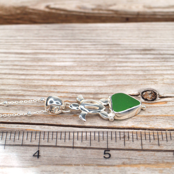 Insta Sale Green Sea Glass Tiny Turtle Drop Necklace - MM on ruler for size reference. 