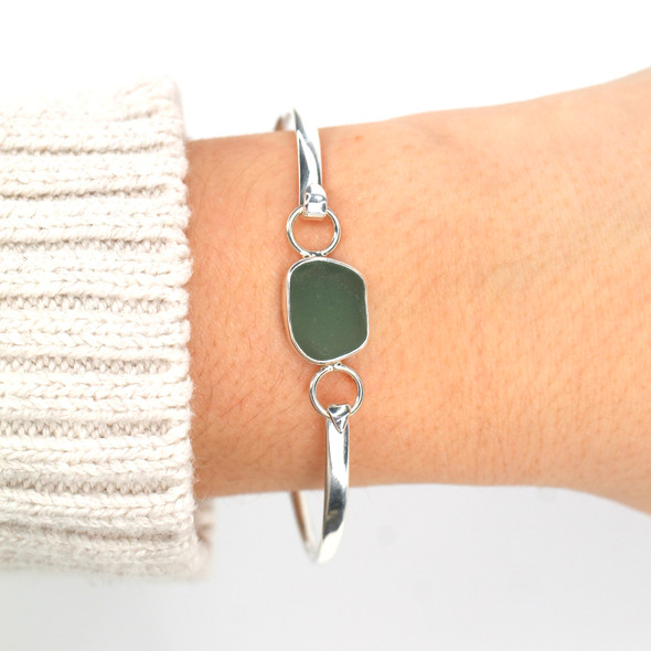 Olive Smooth Sea Glass Bezel Bangle Bracelet on model for color reference.