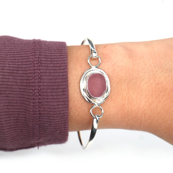Purple Perfect Oval Sea Glass Nest Hinge Bangle Bracelet on model for color reference.