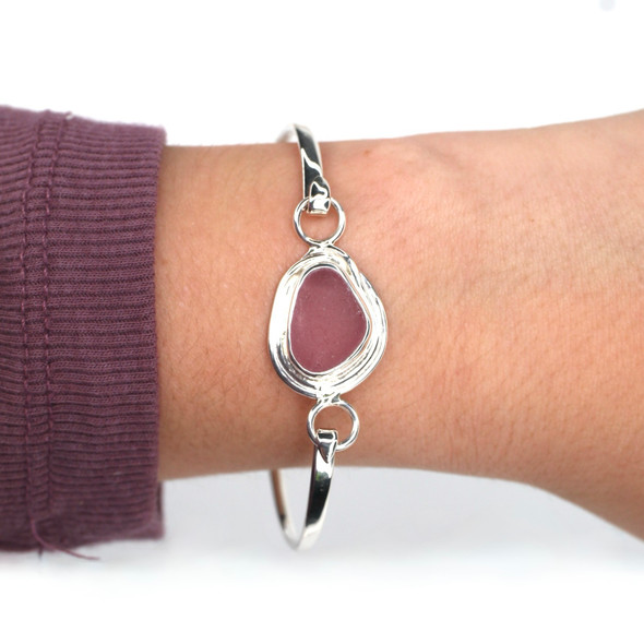 Purple Triangle Sea Glass Nest Hinge Bangle Bracelet on model for color reference.