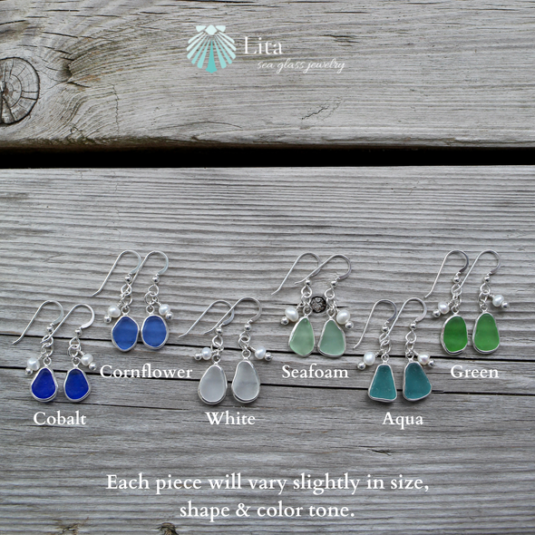 sea glass and pearl bezel wrap earrings color options
