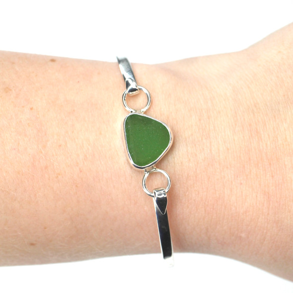 Green Triangle Sea Glass Hinge Bangle Bracelet on model Green Triangle Sea Glass Hinge Bangle Bracelet on model
